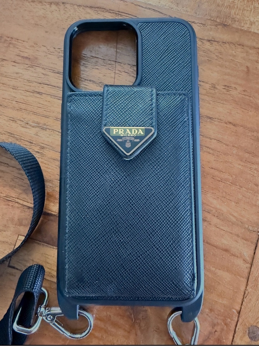 Prada Black Saffiano Leather Phone Crossbody Cover with Strap IPhone 15 Pro Max